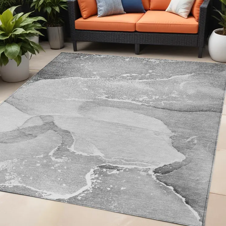 5' X 8' Gray and Ivory Abstract Washable Non Skid Indoor Outdoor Area Rug