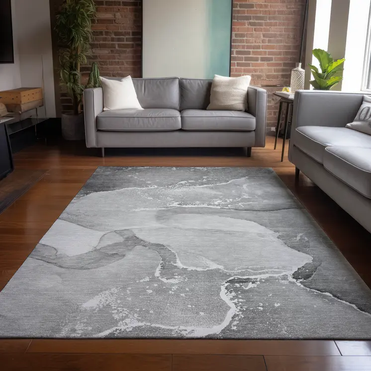 5' X 8' Gray and Ivory Abstract Washable Non Skid Indoor Outdoor Area Rug