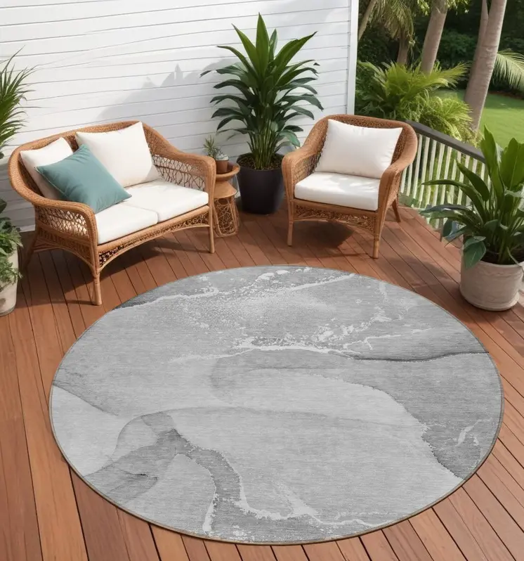 8' Round Gray and Ivory Round Abstract Washable Non Skid Indoor Outdoor Area Rug