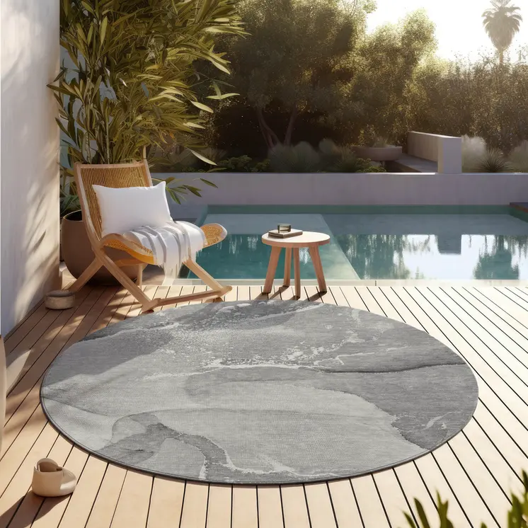 8' Round Gray and Ivory Round Abstract Washable Non Skid Indoor Outdoor Area Rug