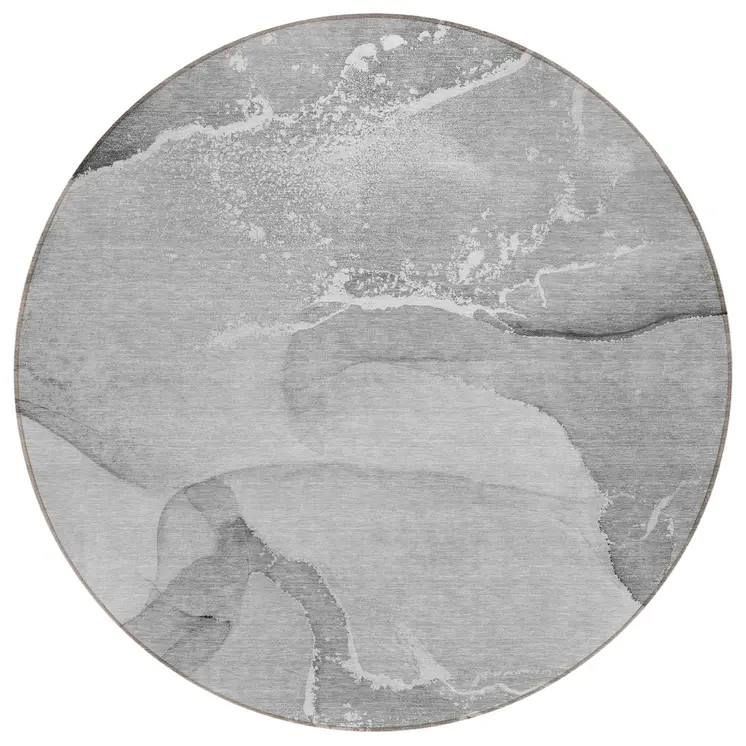 8' Round Gray and Ivory Round Abstract Washable Non Skid Indoor Outdoor Area Rug