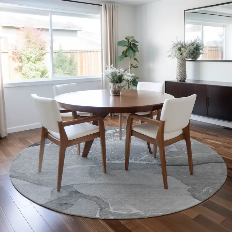 8' Round Gray and Ivory Round Abstract Washable Non Skid Indoor Outdoor Area Rug