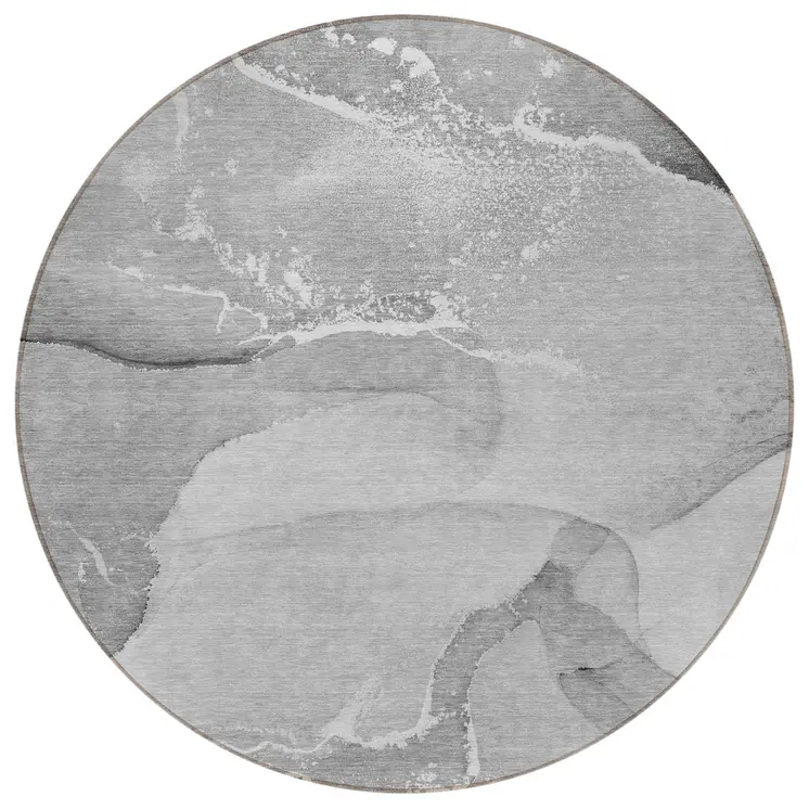 8' Round Gray and Ivory Round Abstract Washable Non Skid Indoor Outdoor Area Rug