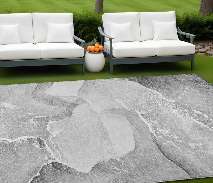 9' X 12' Gray and Ivory Abstract Washable Non Skid Indoor Outdoor Area Rug