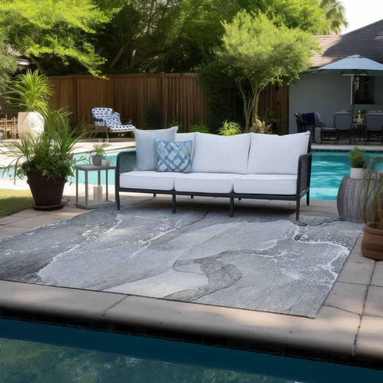 9' X 12' Gray and Ivory Abstract Washable Non Skid Indoor Outdoor Area Rug
