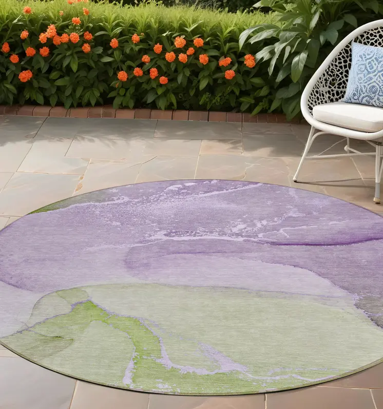 8' Round Purple Round Abstract Washable Non Skid Indoor Outdoor Area Rug