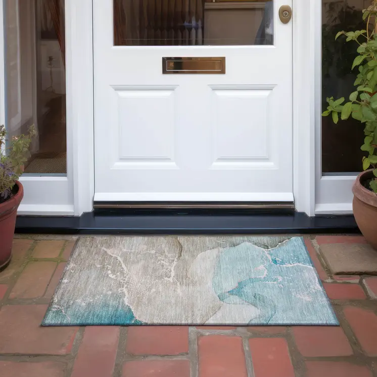 2' X 3' Teal Abstract Washable Non Skid Indoor Outdoor Area Rug