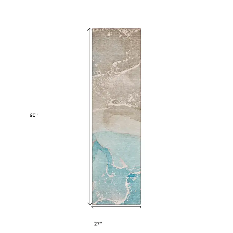 8' Runner Teal Abstract Washable Non Skid Indoor Outdoor Runner Rug
