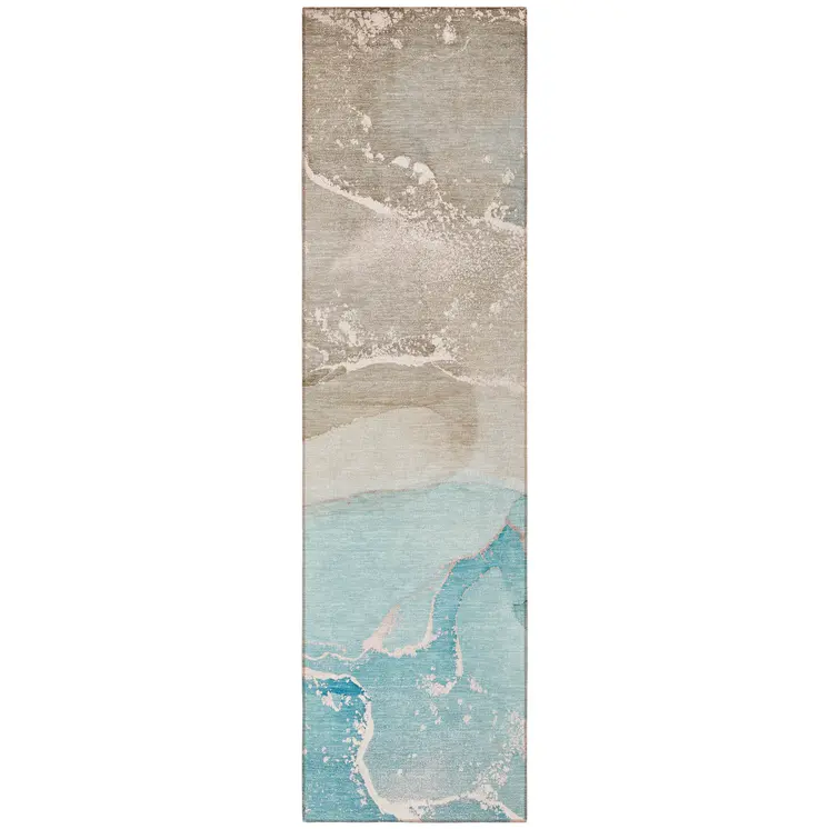 8' Runner Teal Abstract Washable Non Skid Indoor Outdoor Runner Rug