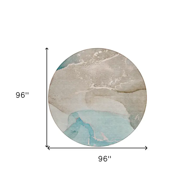 8' Round Teal Round Abstract Washable Non Skid Indoor Outdoor Area Rug