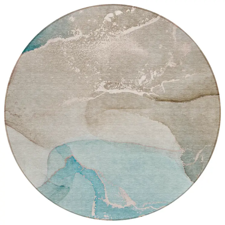 8' Round Teal Round Abstract Washable Non Skid Indoor Outdoor Area Rug