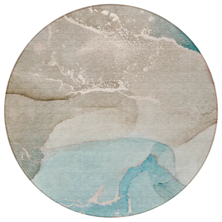 8' Round Teal Round Abstract Washable Non Skid Indoor Outdoor Area Rug