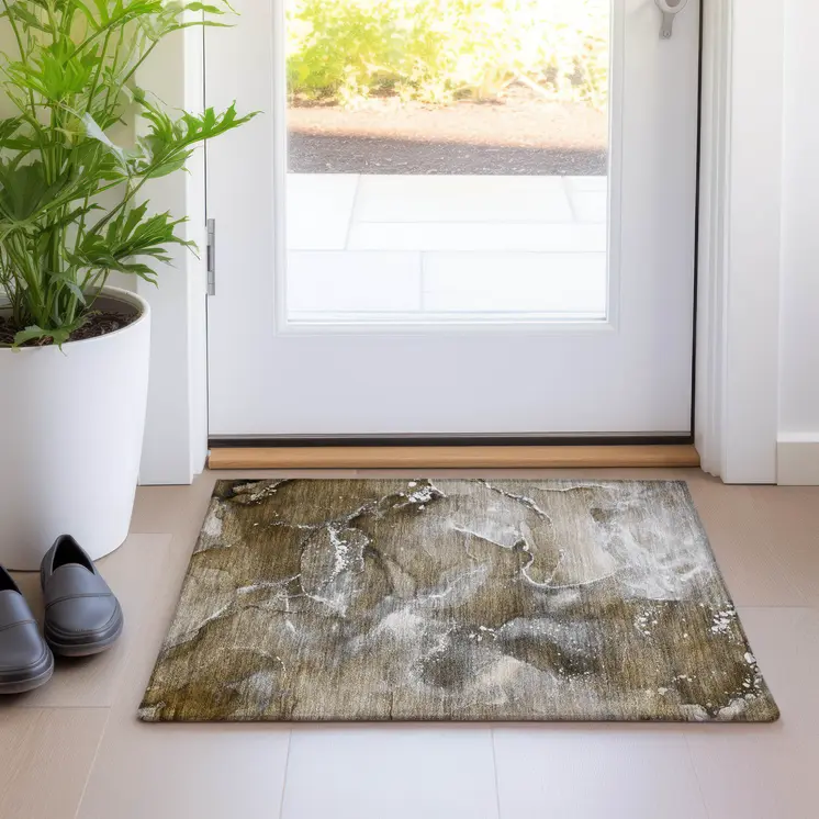 2' X 3' Brown and Gray Abstract Washable Non Skid Indoor Outdoor Area Rug