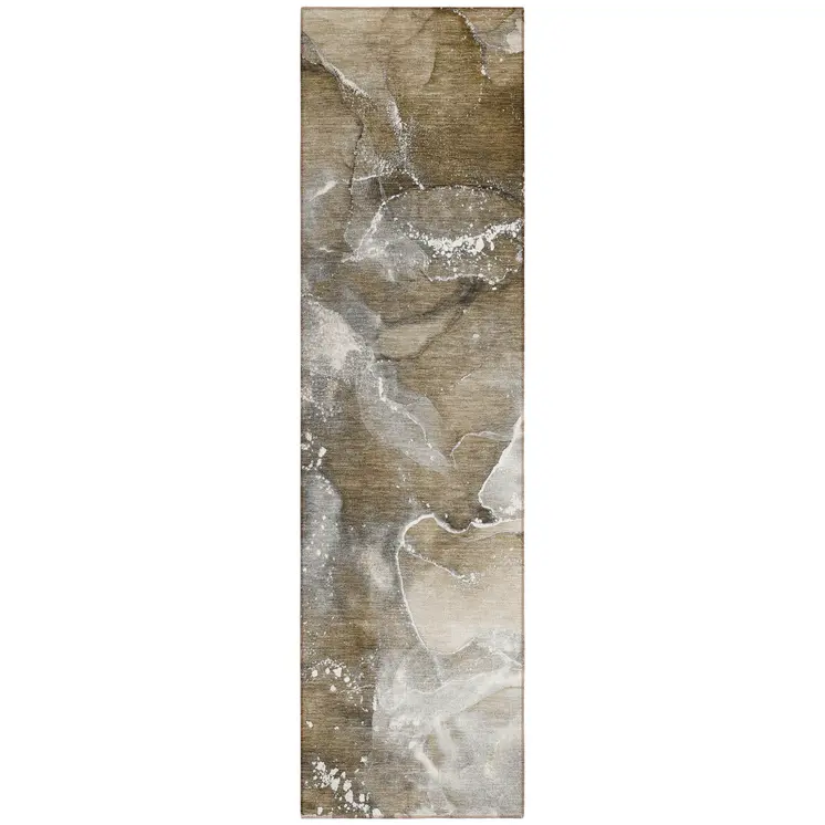 8' Runner Brown and Gray Abstract Washable Non Skid Indoor Outdoor Runner Rug