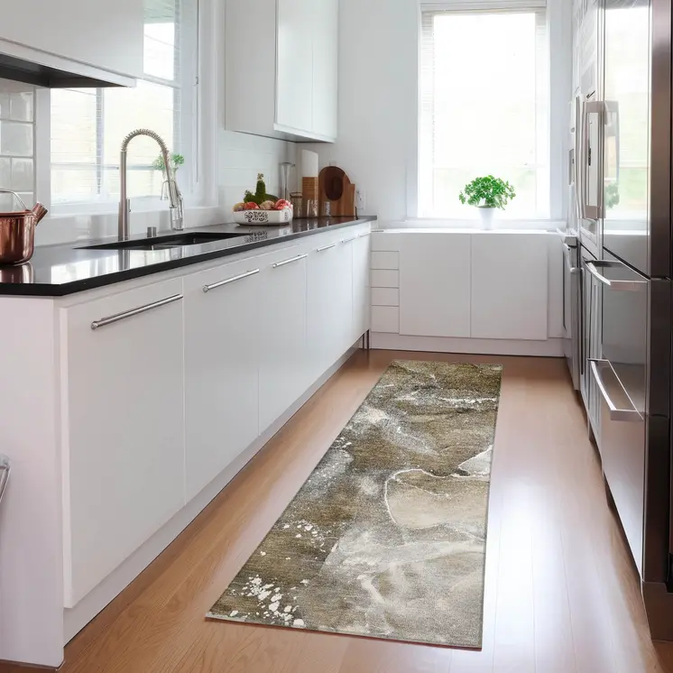 8' Runner Brown and Gray Abstract Washable Non Skid Indoor Outdoor Runner Rug