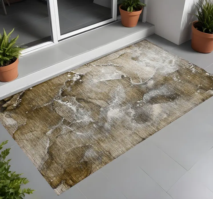3' X 5' Brown and Gray Abstract Washable Non Skid Indoor Outdoor Area Rug