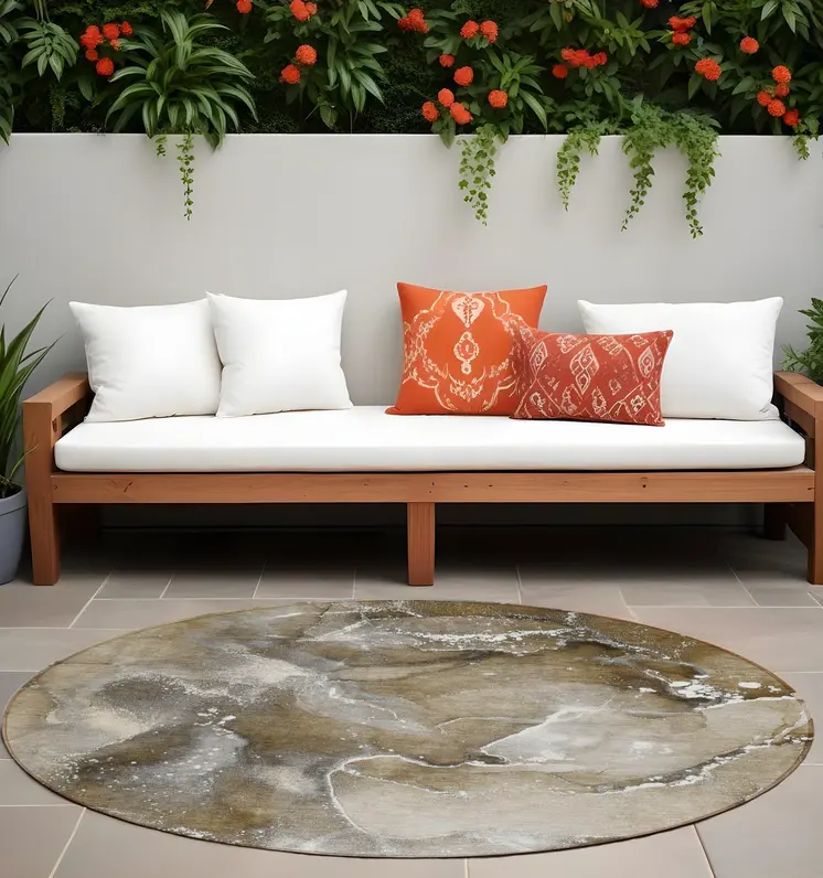 8' Round Brown and Gray Round Abstract Washable Non Skid Indoor Outdoor Area Rug