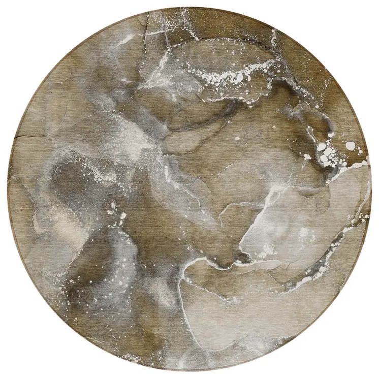 8' Round Brown and Gray Round Abstract Washable Non Skid Indoor Outdoor Area Rug