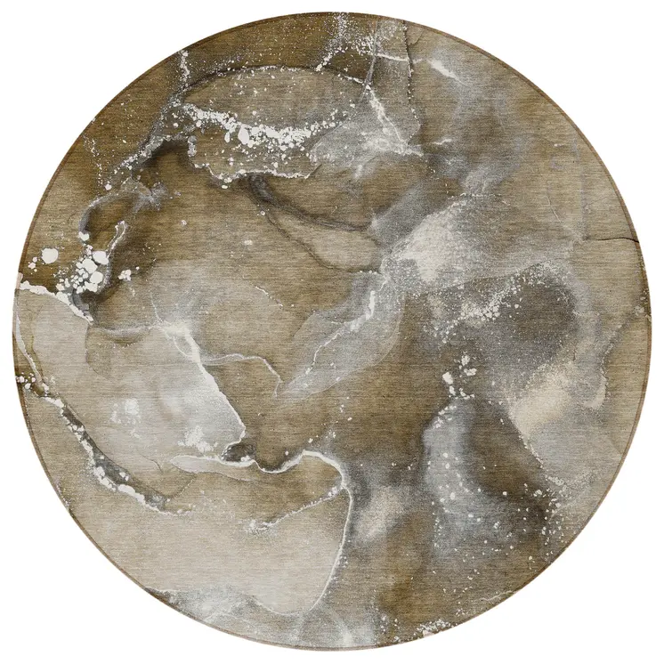 8' Round Brown and Gray Round Abstract Washable Non Skid Indoor Outdoor Area Rug