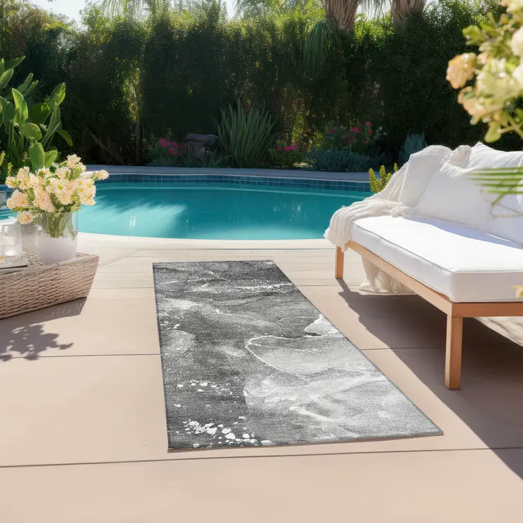 8' Runner Gray Abstract Washable Non Skid Indoor Outdoor Runner Rug