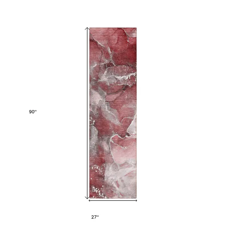8' Runner Merlot Abstract Washable Non Skid Indoor Outdoor Runner Rug