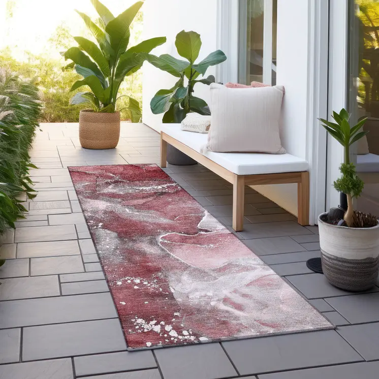 8' Runner Merlot Abstract Washable Non Skid Indoor Outdoor Runner Rug