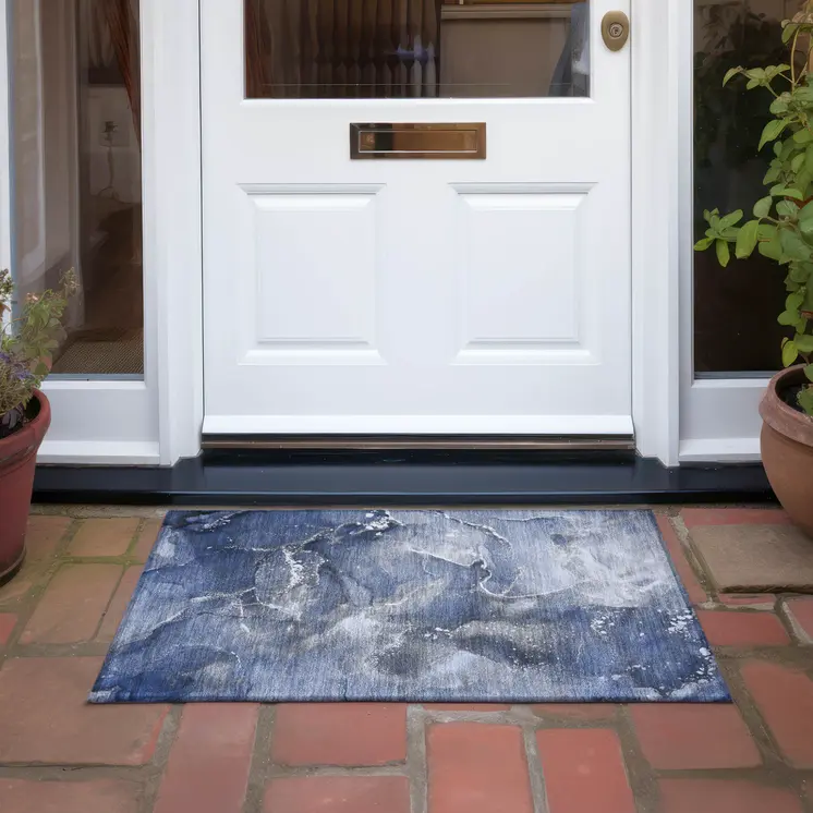 2' X 3' Blue and Gray Abstract Washable Non Skid Indoor Outdoor Area Rug