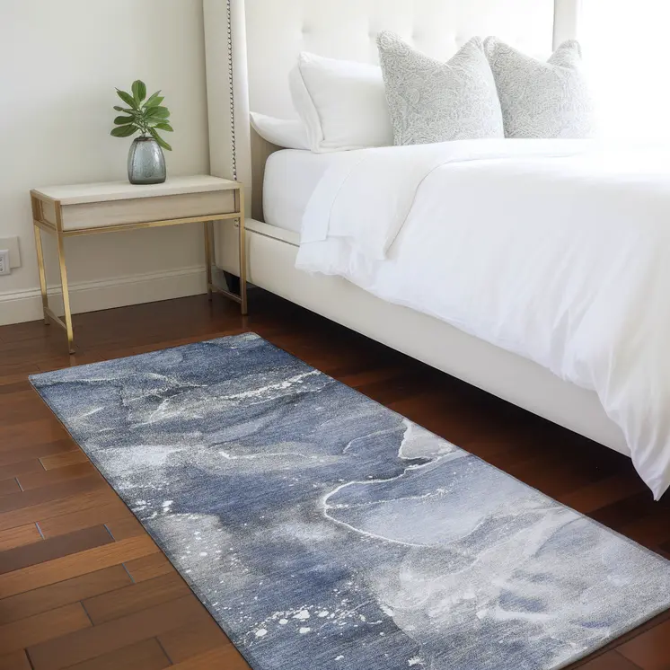 8' Runner Blue and Gray Abstract Washable Non Skid Indoor Outdoor Runner Rug
