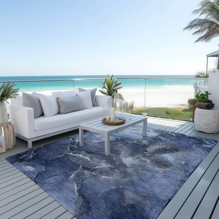 3' X 5' Blue and Gray Abstract Washable Non Skid Indoor Outdoor Area Rug