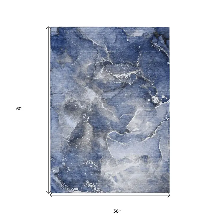 3' X 5' Blue and Gray Abstract Washable Non Skid Indoor Outdoor Area Rug
