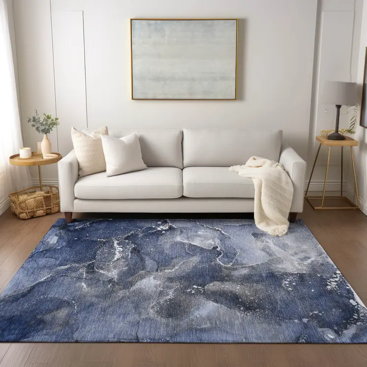 3' X 5' Blue and Gray Abstract Washable Non Skid Indoor Outdoor Area Rug