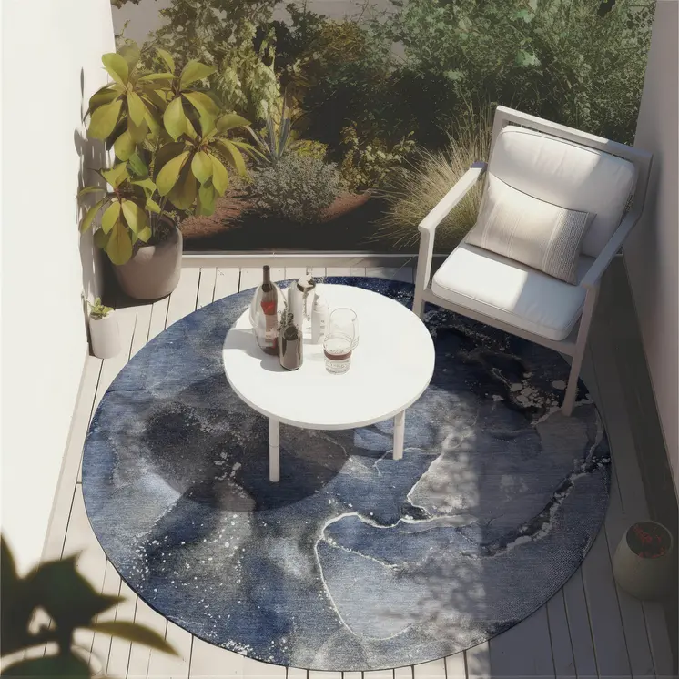 8' Round Blue and Gray Round Abstract Washable Non Skid Indoor Outdoor Area Rug