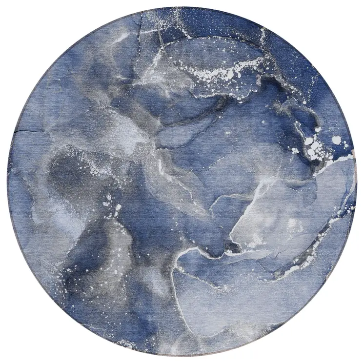 8' Round Blue and Gray Round Abstract Washable Non Skid Indoor Outdoor Area Rug