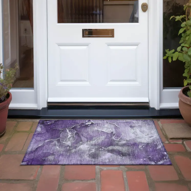 2' X 3' Gray and Purple Abstract Washable Non Skid Indoor Outdoor Area Rug