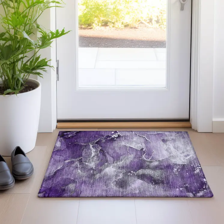2' X 3' Gray and Purple Abstract Washable Non Skid Indoor Outdoor Area Rug