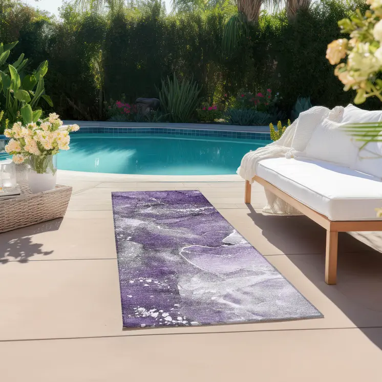 8' Runner Gray and Purple Abstract Washable Non Skid Indoor Outdoor Runner Rug
