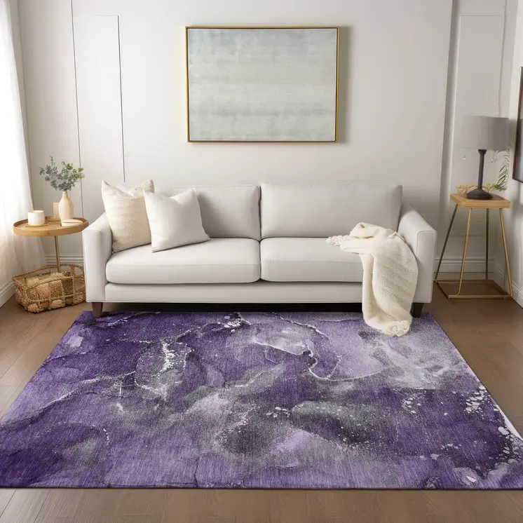 3' X 5' Gray and Purple Abstract Washable Non Skid Indoor Outdoor Area Rug