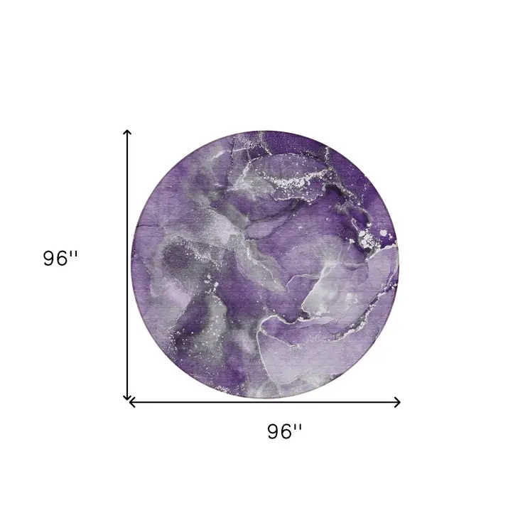 8' Round Gray and Purple Round Abstract Washable Non Skid Indoor Outdoor Area Rug