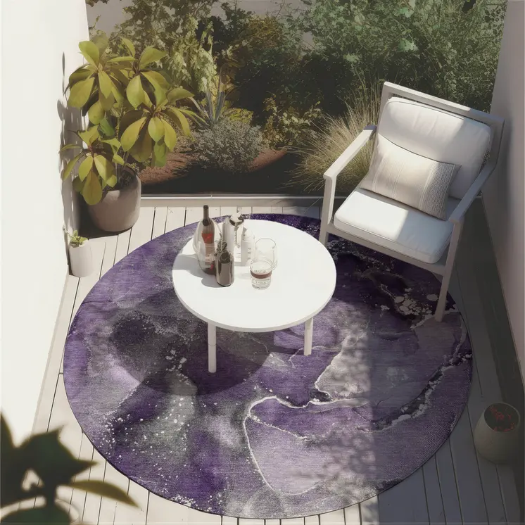 8' Round Gray and Purple Round Abstract Washable Non Skid Indoor Outdoor Area Rug