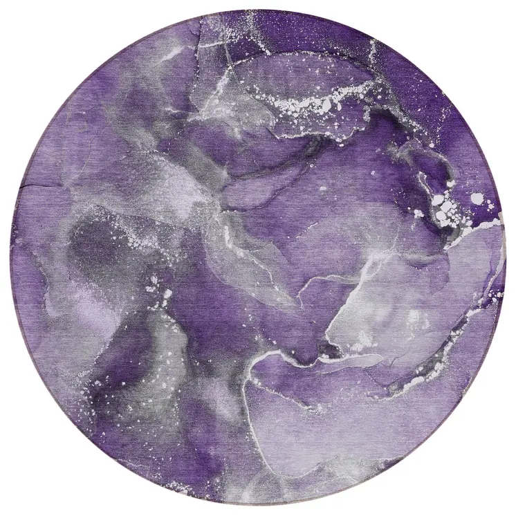 8' Round Gray and Purple Round Abstract Washable Non Skid Indoor Outdoor Area Rug
