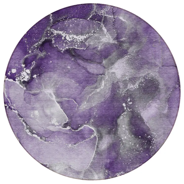 8' Round Gray and Purple Round Abstract Washable Non Skid Indoor Outdoor Area Rug