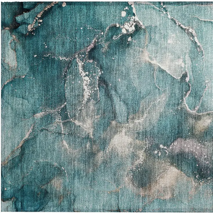 2' X 3' Teal Abstract Washable Non Skid Indoor Outdoor Area Rug