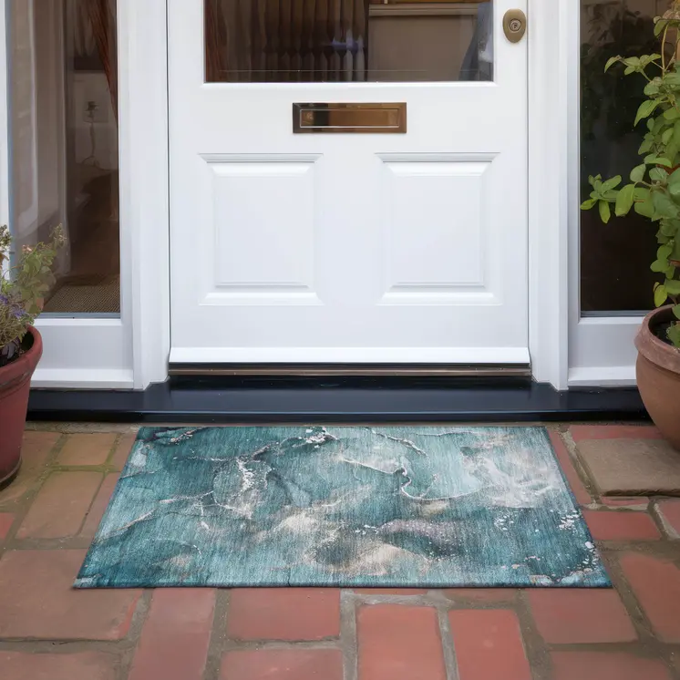 2' X 3' Teal Abstract Washable Non Skid Indoor Outdoor Area Rug
