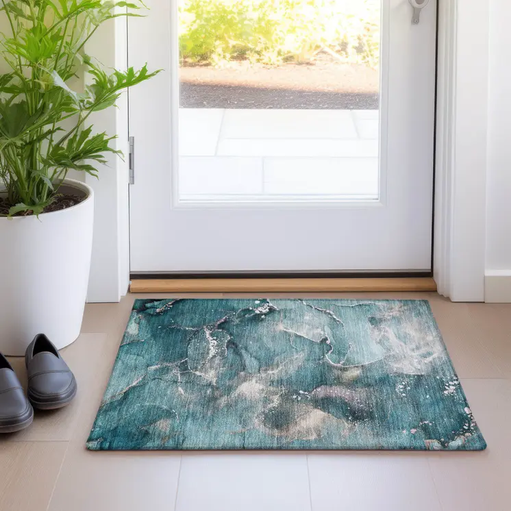 2' X 3' Teal Abstract Washable Non Skid Indoor Outdoor Area Rug
