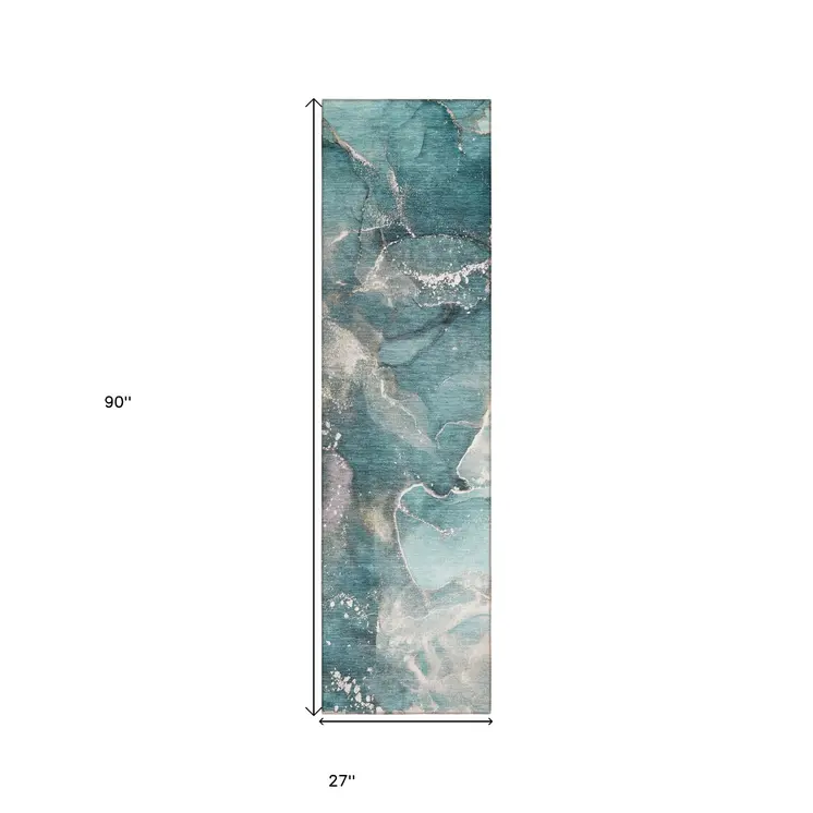 8' Runner Teal Abstract Washable Non Skid Indoor Outdoor Runner Rug