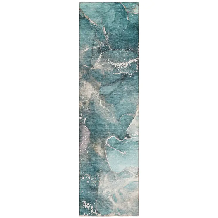 8' Runner Teal Abstract Washable Non Skid Indoor Outdoor Runner Rug