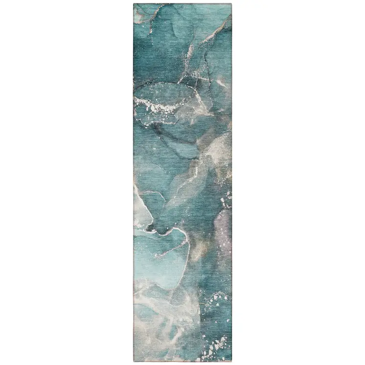 8' Runner Teal Abstract Washable Non Skid Indoor Outdoor Runner Rug