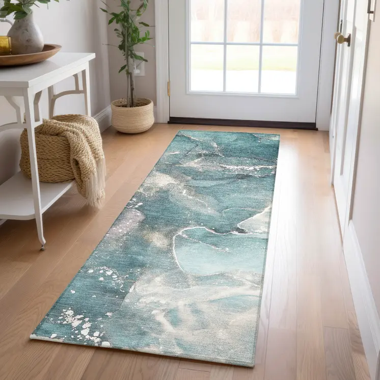 8' Runner Teal Abstract Washable Non Skid Indoor Outdoor Runner Rug