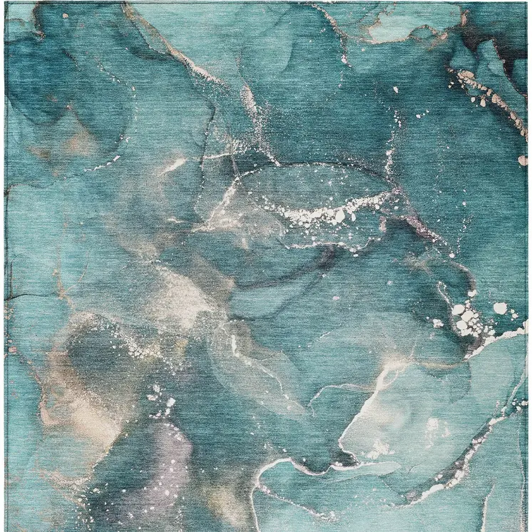 3' X 5' Teal Abstract Washable Non Skid Indoor Outdoor Area Rug