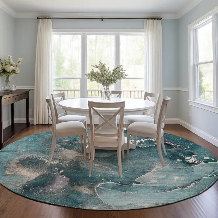 8' Round Teal Round Abstract Washable Non Skid Indoor Outdoor Area Rug